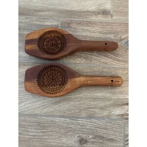2 Antique Hand Carved Wooden Cookie Mold with Handle for Baking